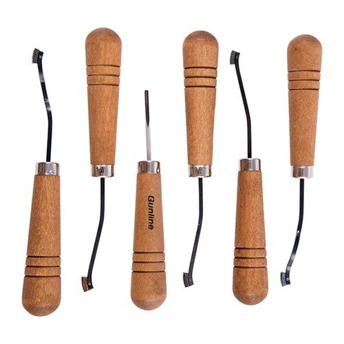 Zestaw CAMP PERRY CHECKERING SET od GUNLINE umożliwia łatwe wykonanie skomplikowanych wzorów na drewnie dzięki 6 narzędziom i akcesoriom zapewniającym sukces.