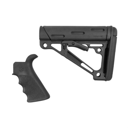 Zestaw Hogue zawiera ergonomiczny grip beavertail z gumy oraz składany buttstock, zapewniając wygodny chwyt i stabilne mocowanie na rurze buffer.