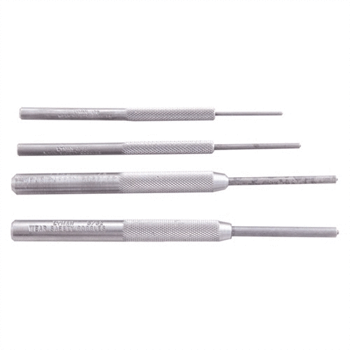 Zestaw DELUXE PUNCH SET umożliwia łatwe i bezpieczne usuwanie oraz wymianę hollow split roll pins, zapewniając pewny chwyt i kontrolę dzięki stalowym narzędziom.