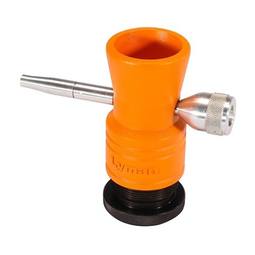 Lyman Brass Smith Powder Trickler to stabilny, regulowany przyrząd z aluminiowym korpusem, dużym pokrętłem i pojemnikiem na proszek, idealny dla poważnych ręcznych ładowaczy.