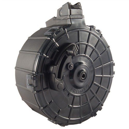 Magazynek bębnowy SAIGA 12 o pojemności 20 nabojów, wykonany z wytrzymałego polimeru, idealny do zawodów i rekreacji, z funkcją szybkiego ładowania.