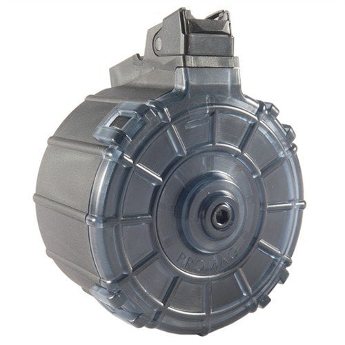 Magazynek bębnowy SAIGA 12 o pojemności 12 nabojów, wykonany z wytrzymałego polimeru, idealny do zawodów i rekreacji, z przezroczystą pokrywą.