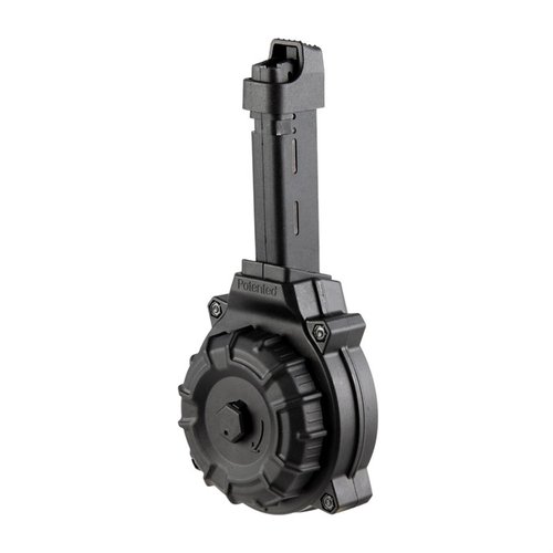 .40 S&W Drum Magazine do Glock 22/23, pojemność 50 rdzeni, wykonana z wytrzymałego Zytel polymer, stalowy wkład, sprężyna ze stali nierdzewnej, czarna.