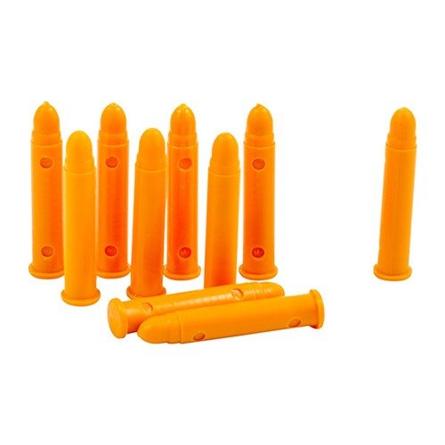 Jasno kolorowe plastikowe naboje SAF-T-TRAINERS, idealne do treningów, zapewniające bezpieczeństwo i uniknięcie pomyłek z nabojami żywymi.