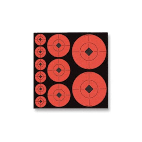 Samoprzylepne fluorescencyjne punkty celownicze w kolorze pomarańczowym z czarnym środkiem i liniami celowniczymi, idealne do precyzyjnego ustawiania broni.