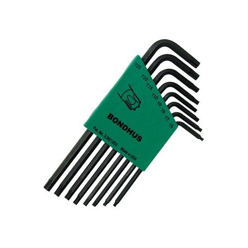 Zestaw kluczy Torx BONDHUS zawiera 8 kluczy (T6-T25) do śrub Torx, idealnych do montażu podstaw i pierścieni celowniczych, przechowywanych w zamykanym etui.