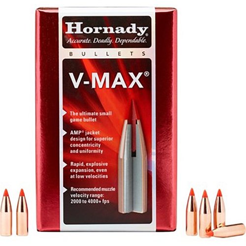 HORNADY V-MAX 22 CALIBER to najwyższej jakości pociski z polimerowym czubkiem, zapewniające płaskie trajektorie, wysoką celność i dramatyczną ekspansję.