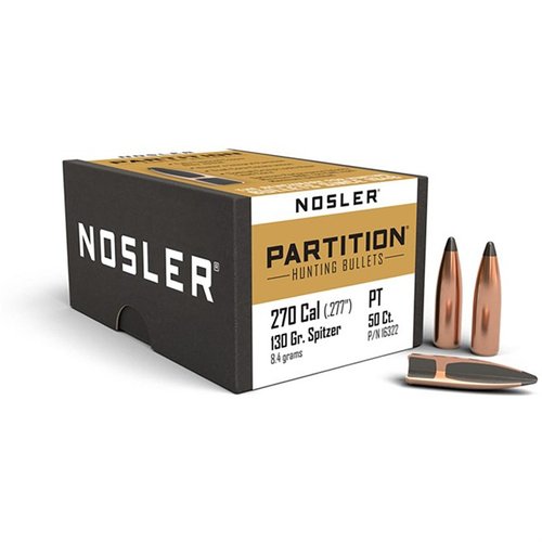 Nosler® Partition 270 Caliber (0.277”) to idealne naboje myśliwskie, zapewniające głęboką penetrację, dużą energię i doskonałe właściwości rozszerzania.