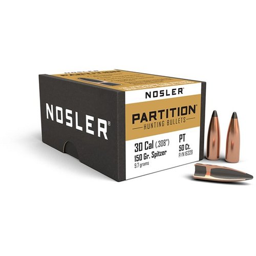 Nosler® Partition 30 Caliber (0.308”) to idealne naboje dla myśliwych, zapewniające głęboką penetrację, dużą energię i doskonałe właściwości rozszerzania.