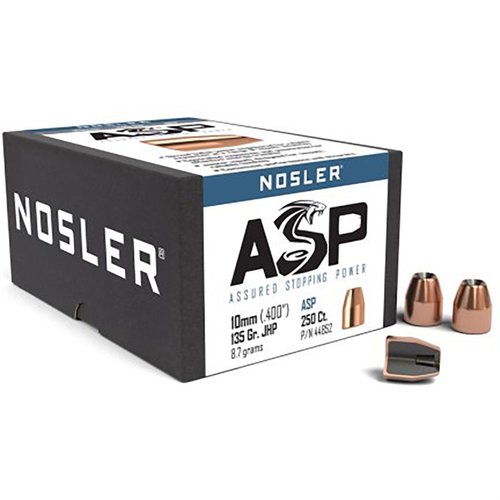 ASP 10MM 135GR JHP od Nosler zapewnia doskonałą celność i stabilność, a skived copper-alloy jacket oraz hollow point gwarantują szybkie i skuteczne rozszerzenie.
