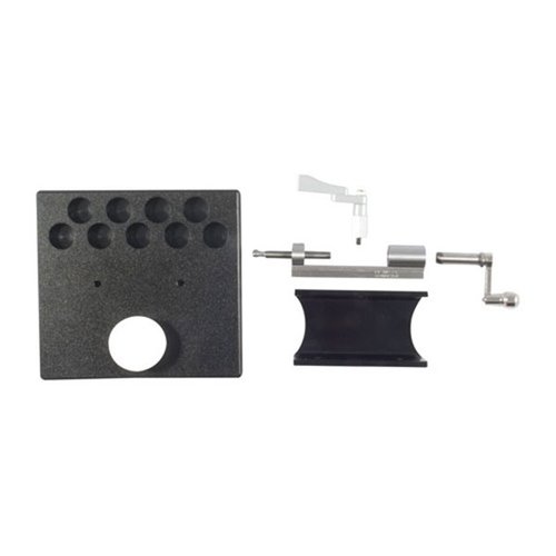 Zestaw do przycinania łusek L.E. Wilson z platformą i uchwytem SharkFin zapewnia szybkie i wygodne przycinanie oraz stabilne użytkowanie na stole warsztatowym.