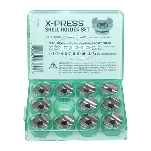 Zestaw X-PRESS SHELLHOLDER od LEE PRECISION zawiera 11 najpopularniejszych uchwytów do App press, obsługujących ponad 115 różnych nabojów.
