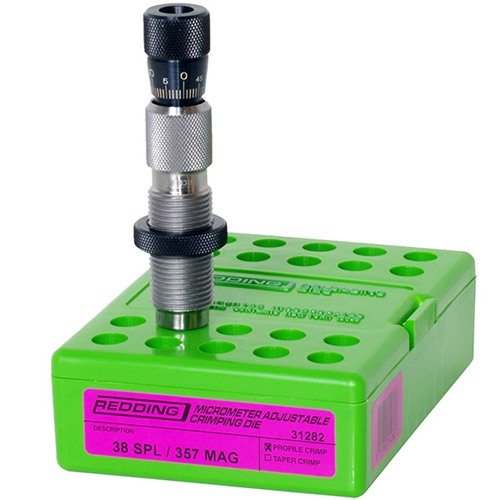 Redding Micrometer Adjustable Profile Crimp Dies umożliwiają precyzyjne regulacje, idealne dla progresywnych pras do reloading, z łatwym dostępem i dokładnością ± .001