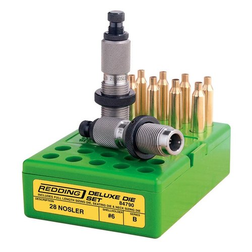 Zestaw Redding Deluxe 3-die 28 Nosler zapewnia precyzyjne dopasowanie amunicji, trwałość i niezawodność dzięki najwyższej jakości materiałom i obróbce.
