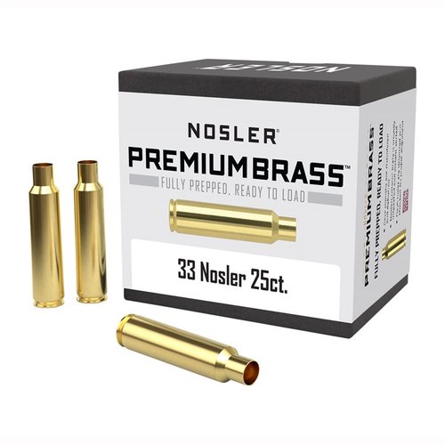 33 NOSLER PREMIUM BRASS to w pełni przygotowany, ręcznie kontrolowany mosiądz, zapewniający maksymalną dokładność, trwałość i niezawodność przy ładowaniu.