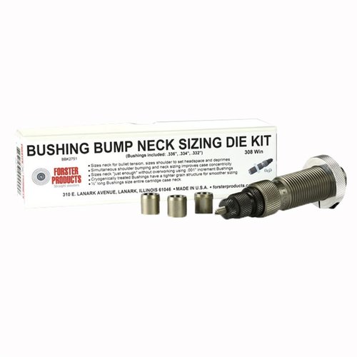Zestaw Bushing Bump Neck Die Kit od Forster pozwala precyzyjnie kontrolować napięcie na szyjkach nabojów dzięki dopasowanym die i ręcznie wybranym bushings.