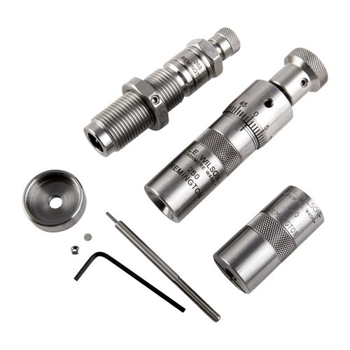 Zestaw L.E. Wilson Bushing Full Length Die zawiera stalowe die do pełnego rozmiaru, die do osadzania oraz wskaźnik długości łuski, zapewniając precyzyjne ładowanie amunicji.