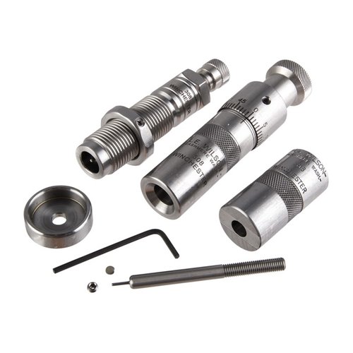 Zestaw L.E. Wilson BUSHING FULL LENGTH DIE z miernikiem długości łuski zapewnia precyzyjne ładowanie amunicji dzięki regulowanej głębokości osadzania i dokładnemu pomiarowi.